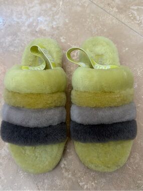 UGG Lime Green Multi-Stripe Fluff Slide Slippers